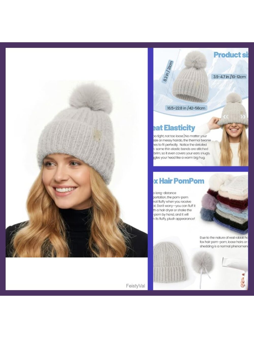 Rabbit Hair Cable Knit Beanie with Real Fox Hair Pompom